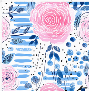 PREORDER - Bold Florals - Pink Roses Blue Stripes - SMALL SCALE