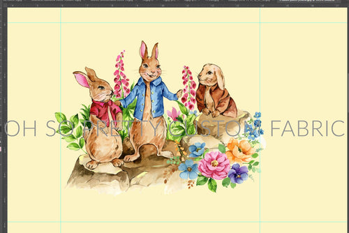 CATALOG - PREORDER R78 - Storybook Rabbit - Yellow Panel - 3 Rabbits - CHILD