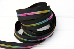 RETAIL Zipper Tape - Black Tape with Rainbow coils