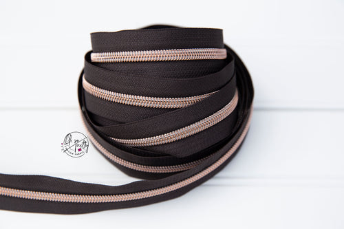 RETAIL Zipper Tape - Dark Chocolate Tape with Rose gold coils