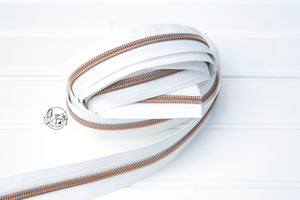 RETAIL Zipper Tape - White Tape with Rosegold coils