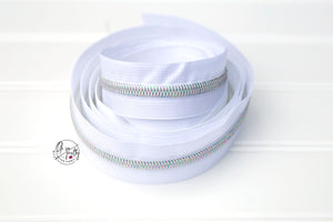 RETAIL Zipper Tape - White Tape with White Iridescent coils