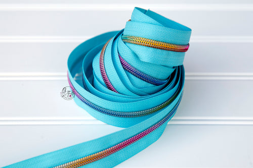 RETAIL Zipper Tape - Bright Blue Tape with Rainbow coils