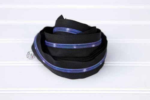 RETAIL Zipper Tape - Black Tape with Blue Galaxy coils