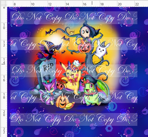 CATALOG - PREORDER R117 - Halloween Critters - Panel - Orange and Red with Trees Scene - Blue - ADULT