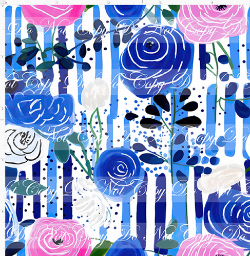 PREORDER - Bold Florals - Pink Blue Roses Vertical Stripes - SMALL SCALE