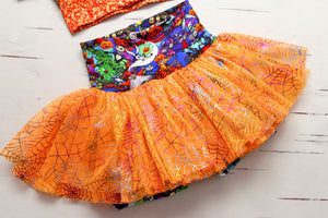 Ready to Ship - Poly Tulle - Spider web-multicolor foil on orange (#80)