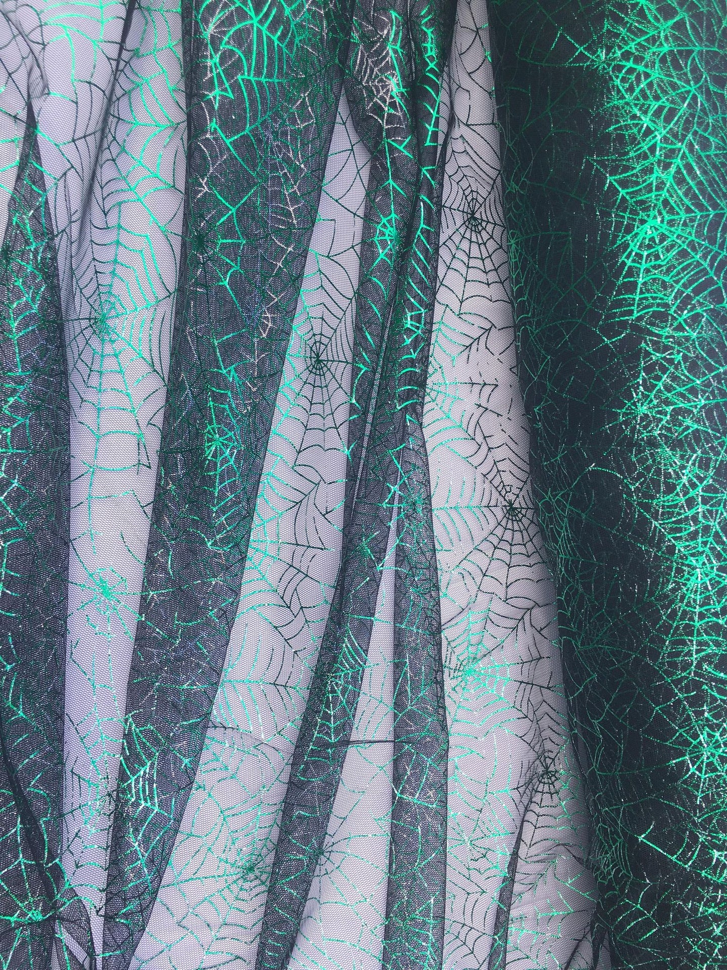 Ready to Ship - Poly Tulle - Spider web-green foil on black (#1)