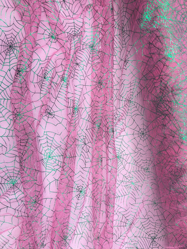 Ready to Ship - Poly Tulle - Spider web-green foil on pink (#65)