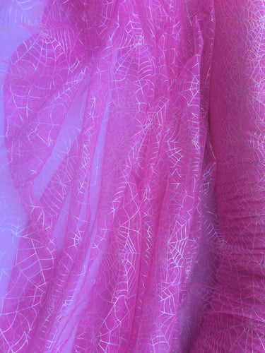 Ready to Ship - Poly Tulle - Spider web-GLOW IN THE DARK-Iridescent on pink (#65)