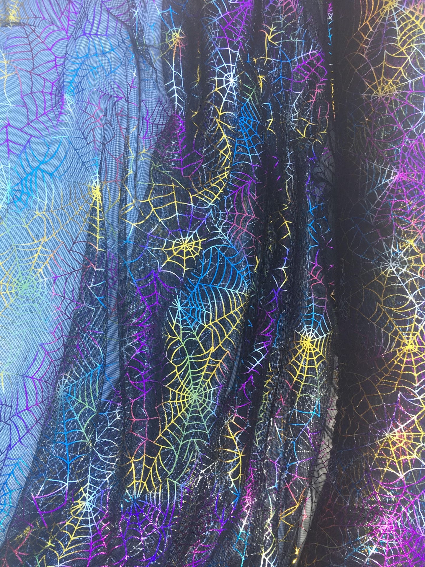 Ready to Ship - Poly Tulle - Spider web-multicolor foil on black (#1)