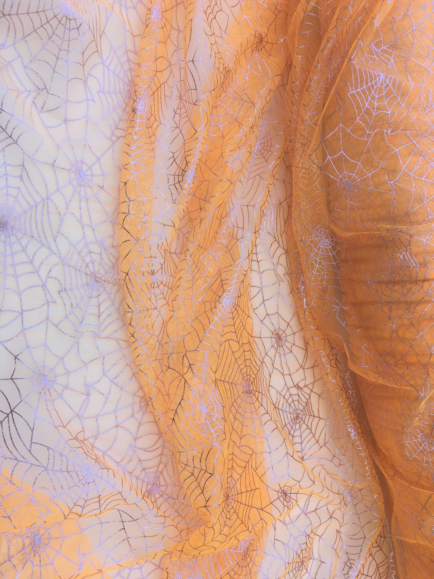 Ready to Ship - Poly Tulle - Spider web-pink foil on orange (#80)