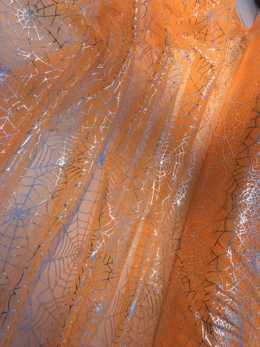 Ready to Ship - Poly Tulle - Spider web-silver foil on orange (#80)